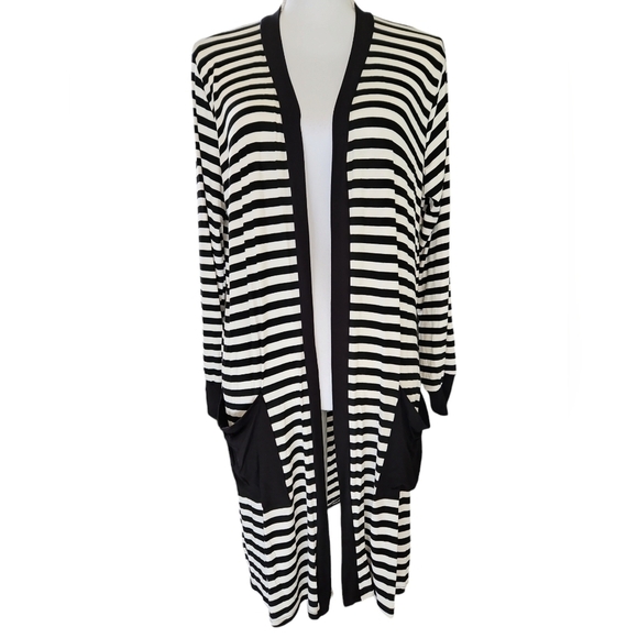 LES AMIS LONG CARDIGAN SZ L BLACK WHITE - Picture 2 of 7